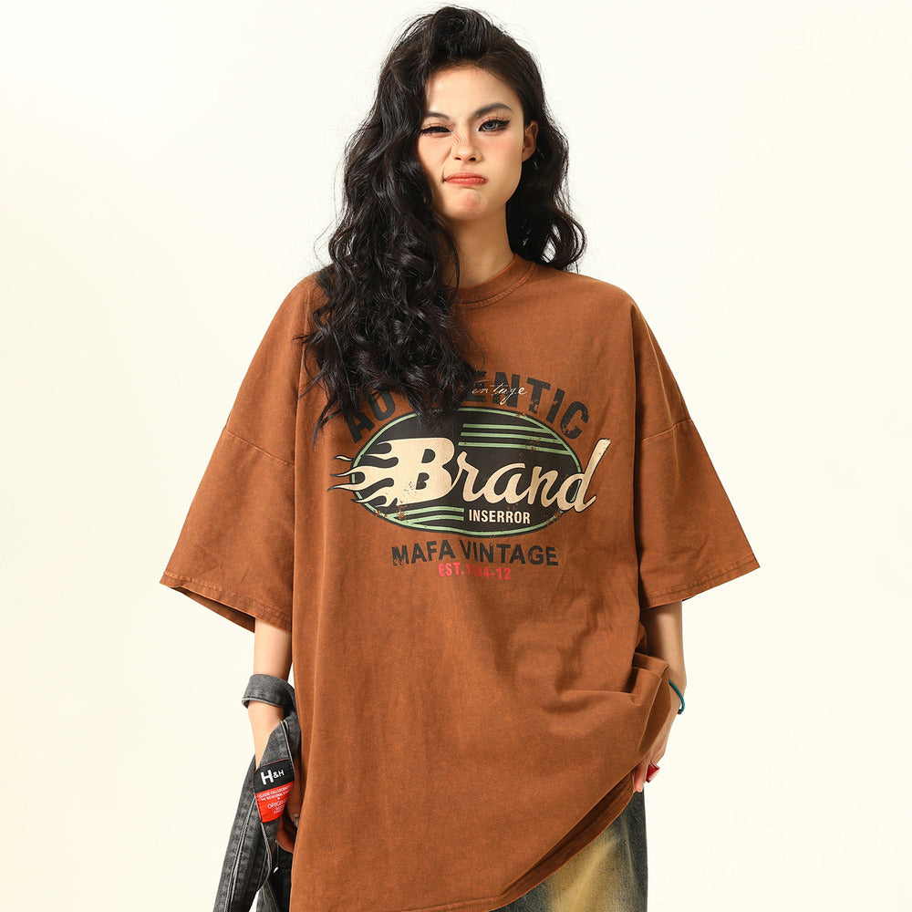 美式復古水洗做舊短袖T恤女高克重Vintage寬鬆潮Tee