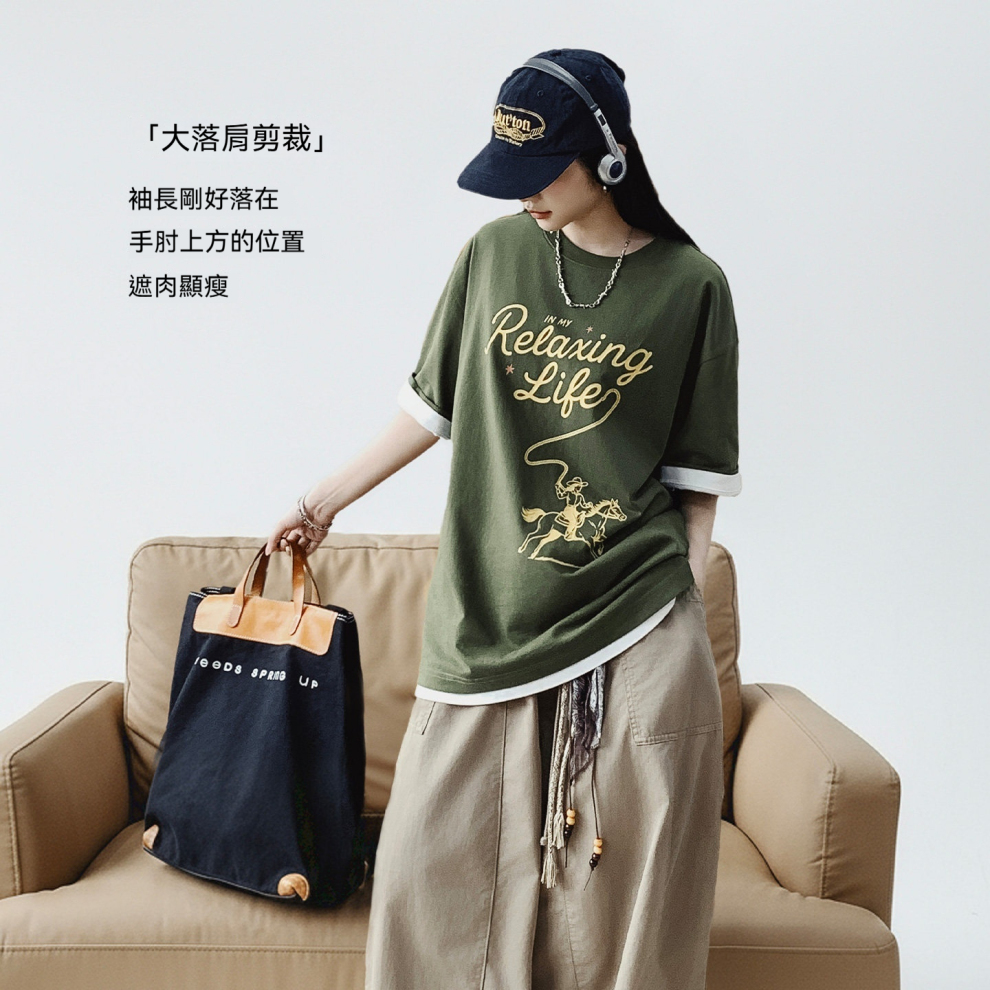 馬登女裝 美式復古墨綠色圓領純棉寬鬆落肩袖印花短袖T恤上衣夏季