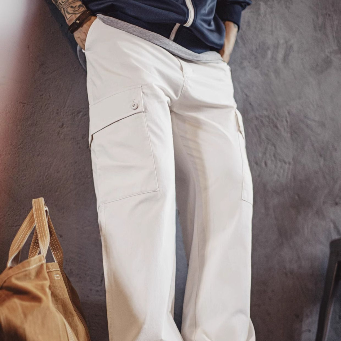 馬登工裝 美式大口袋休閒褲純棉白色直筒鬆緊腰長褲子男