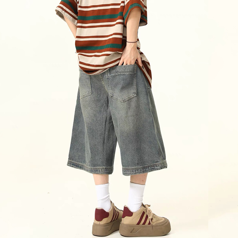 美式復古街頭水洗牛仔短褲女闊腿褲寬鬆百搭七分褲