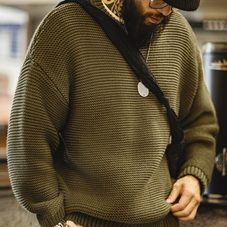 馬登工裝 美式復古重磅肌理針織毛衣寬鬆落肩圓領套頭打底衫男秋冬