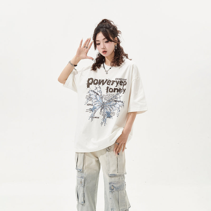 蝴蝶印花短袖T恤女復古潮牌寬鬆情侶裝上衣