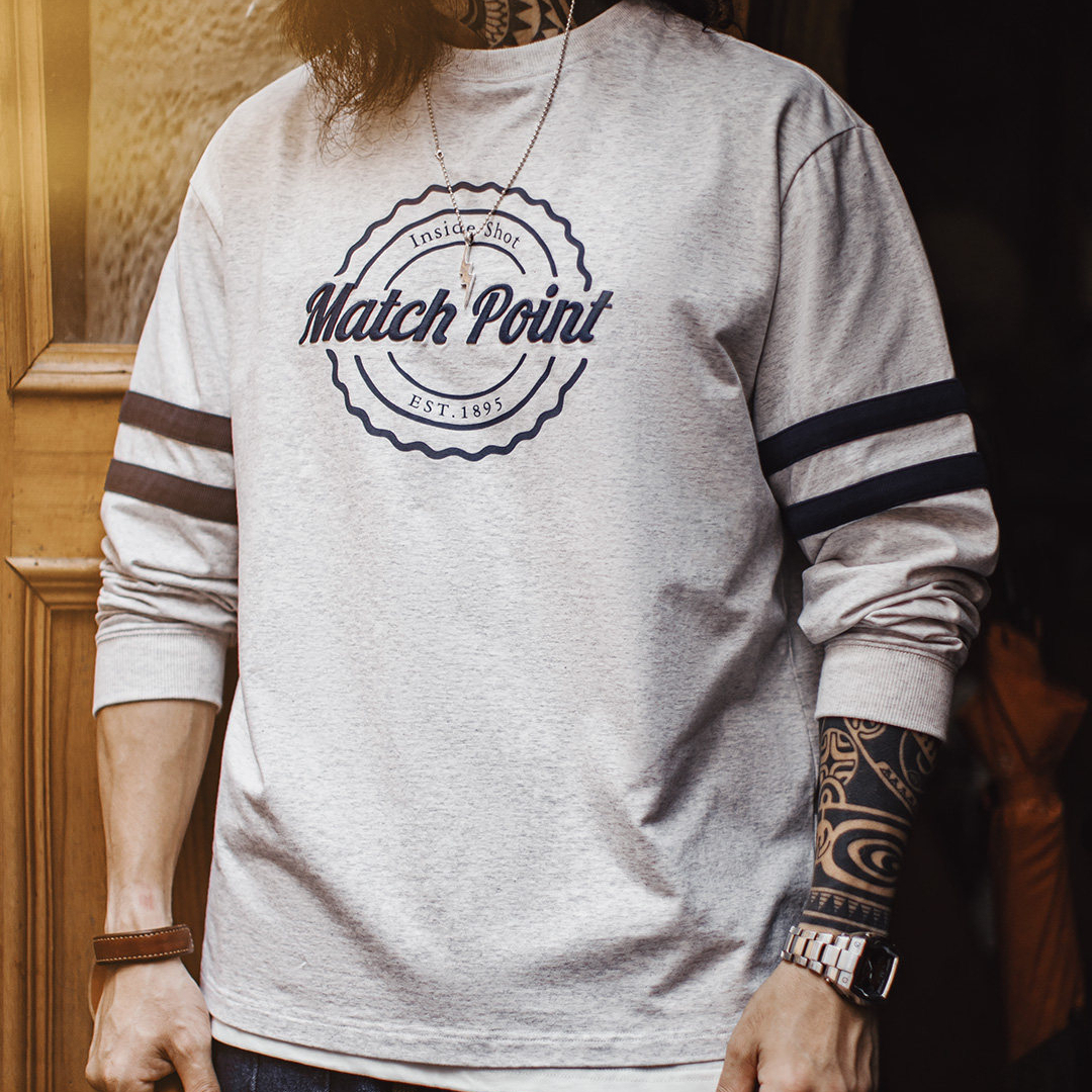 馬登工裝 美式條紋刺繡圓領衛衣灰色正肩通勤長袖T恤男春秋