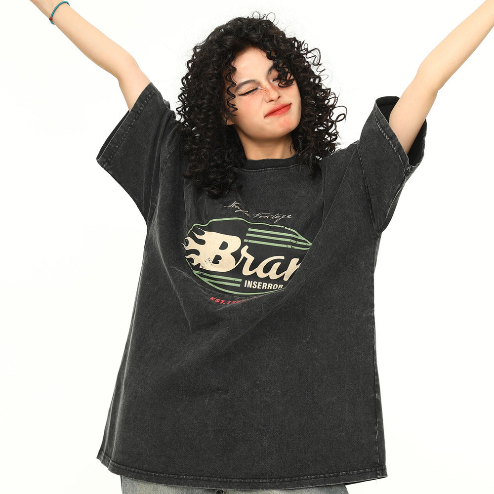 美式復古水洗做舊短袖T恤女高克重Vintage寬鬆潮Tee