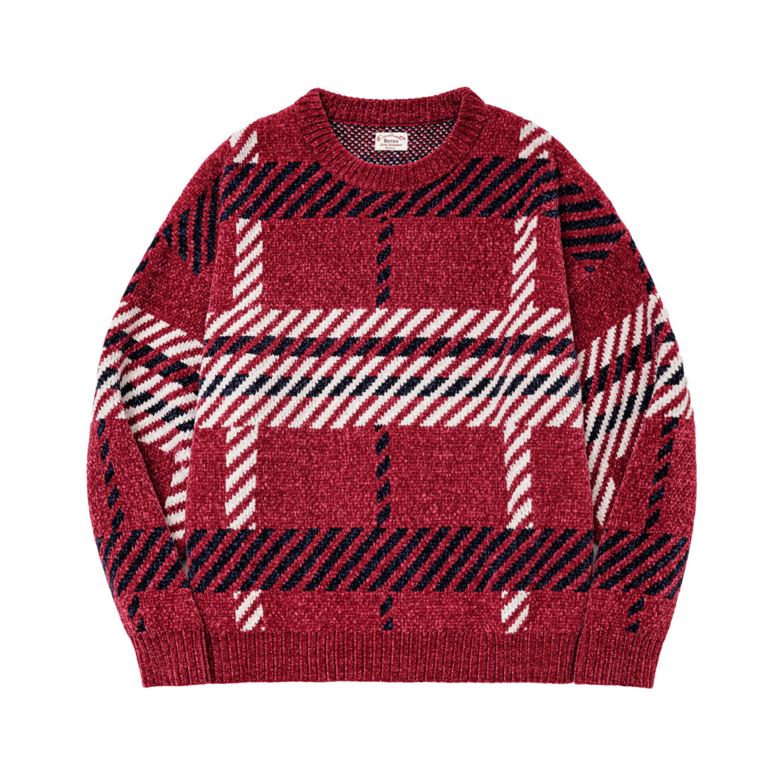 馬登女裝 復古雪尼爾格紋寬鬆聖誕節新年套頭保暖加厚毛衣軟糯針織衫秋冬