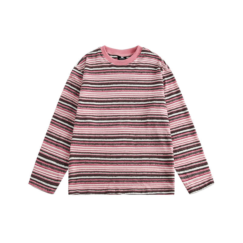 美式街頭復古拼接條紋長袖衛衣T恤女春秋寬鬆潮牌套頭上衣