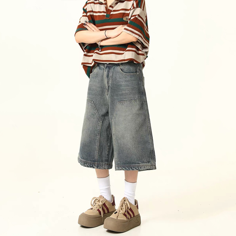 美式復古街頭水洗牛仔短褲女闊腿褲寬鬆百搭七分褲