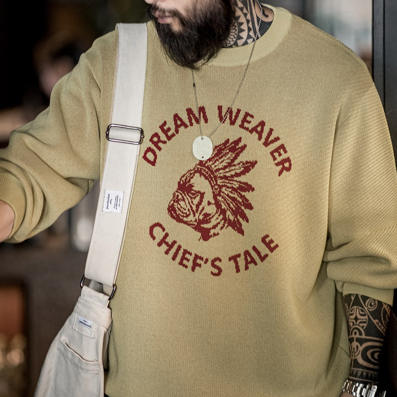 馬登工裝 美式復古仿亞麻字母撞色毛衣阿美哢嘰套頭圓領針織衫男秋冬