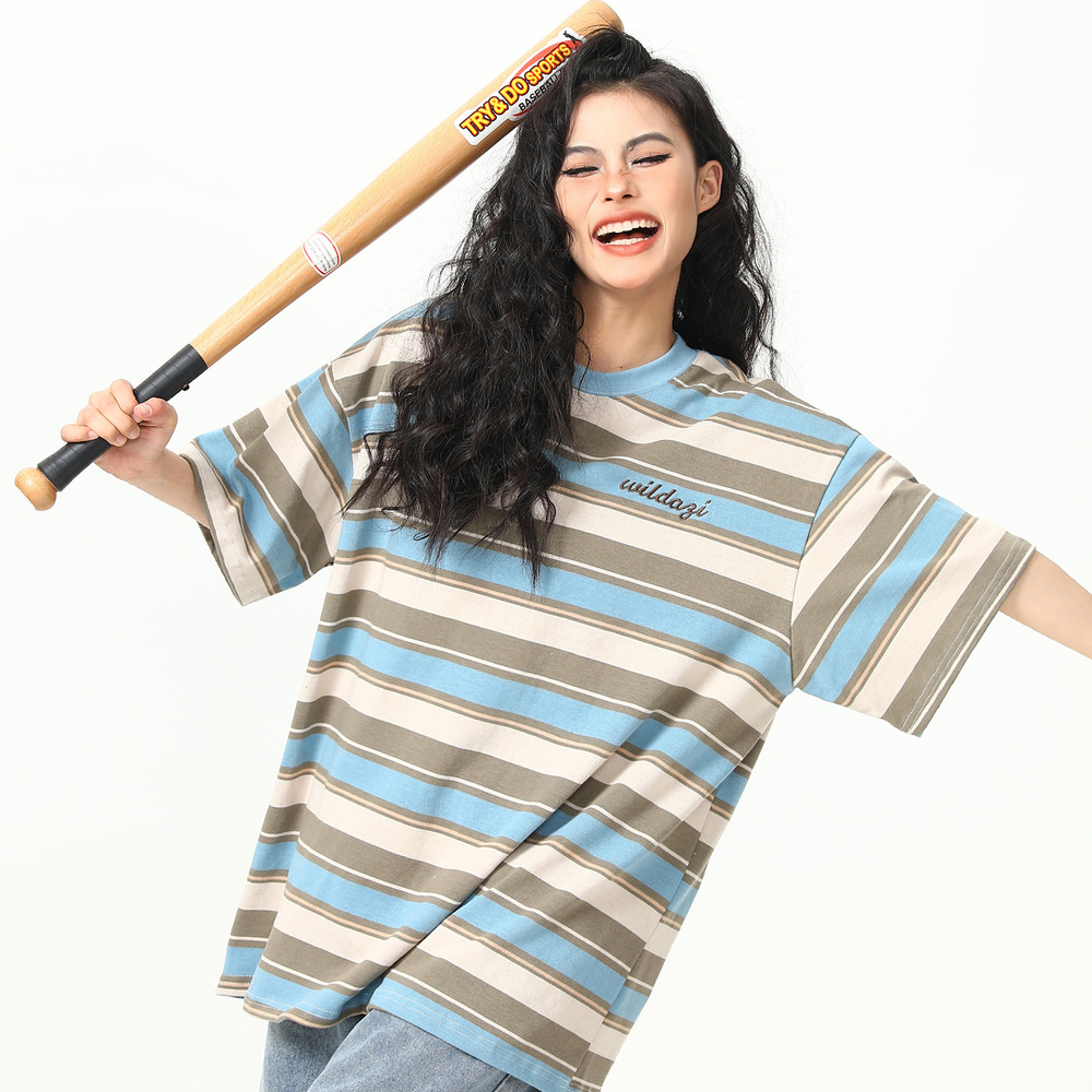 美式復古280克條紋短袖T恤女彩色氛圍感夏季寬鬆半袖