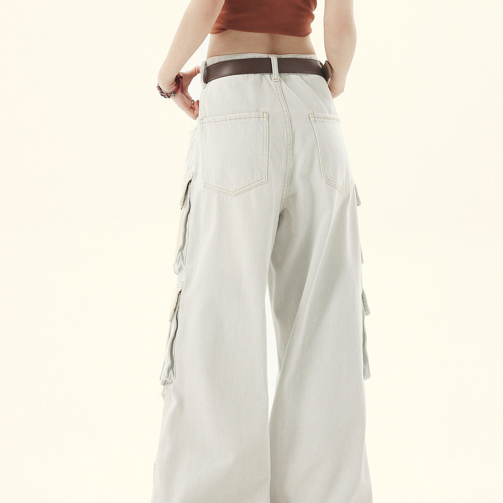美式復古多口袋水洗直筒工裝牛仔褲女街頭褶皺設計闊腿休閒褲