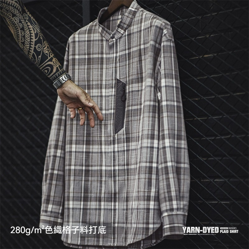 馬登工裝 美式復古立領格子襯衫Cleanfit混紡休閒長袖襯衣男秋