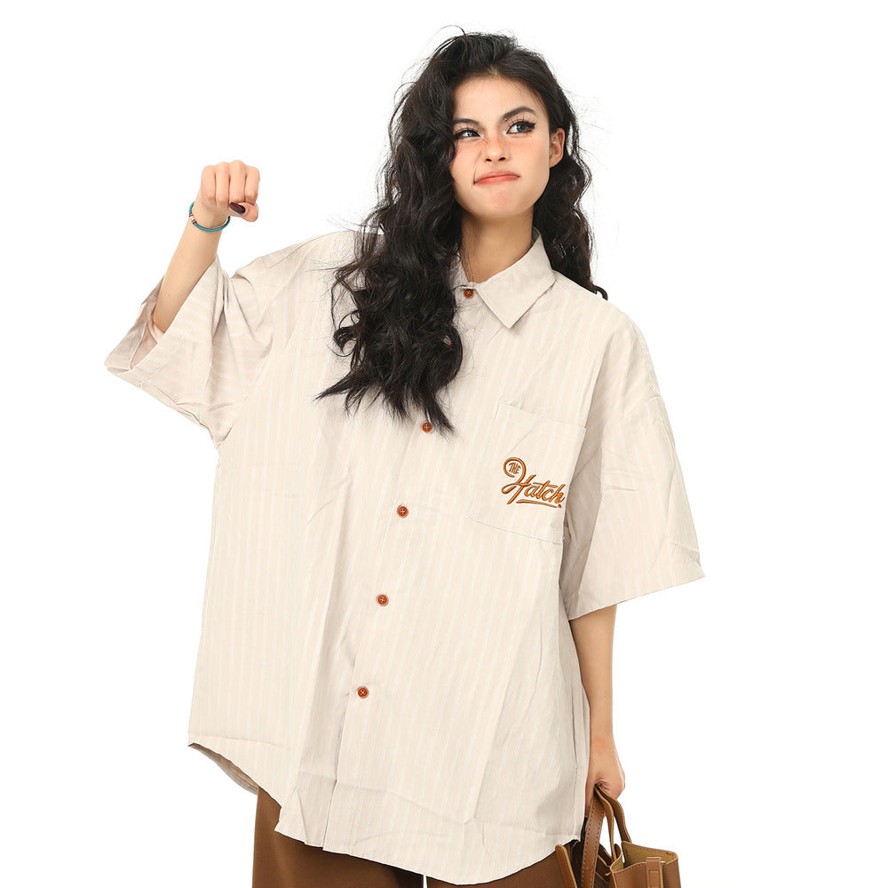 美式復古Vintage工裝短袖刺繡口袋襯衫女夏季百搭寬鬆情侶襯衣