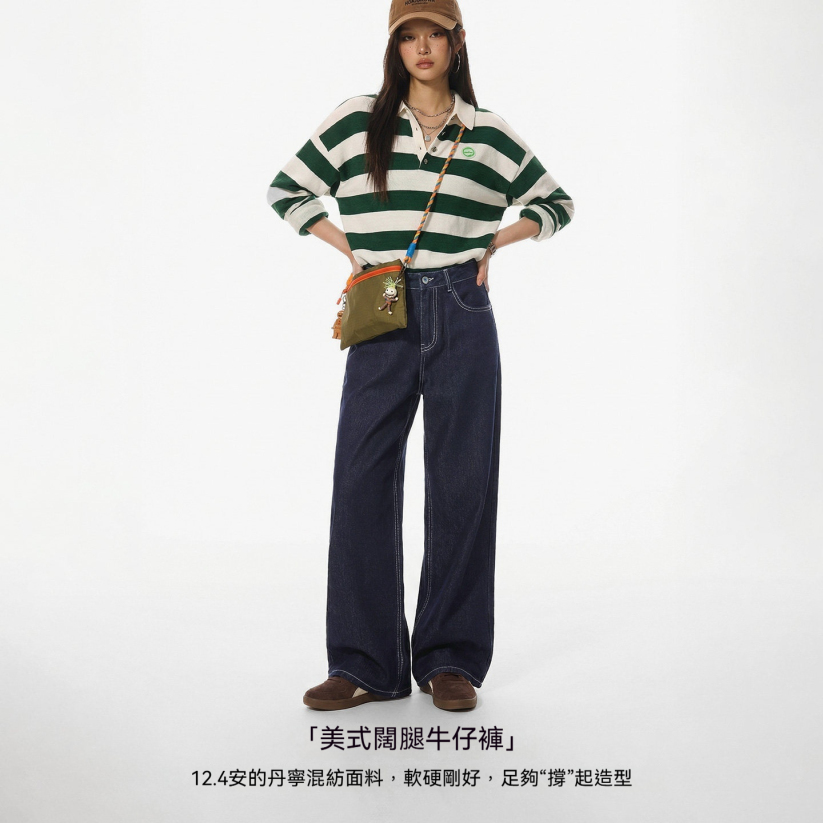 馬登女裝 美式復古丹寧藍原色直筒闊腿水洗牛仔褲顯瘦休閒長褲子女士春秋