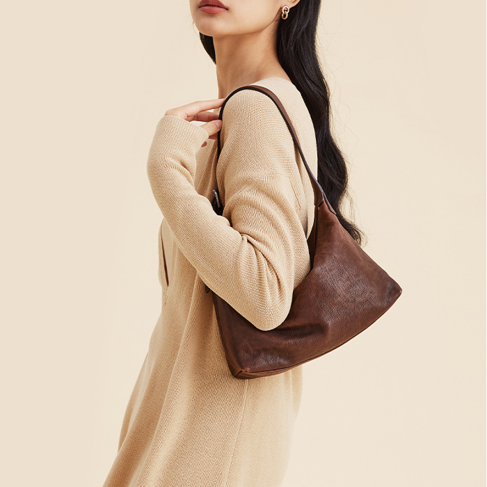 腋下Hobo包頭層植鞣牛皮通勤包包休閒真皮餃子包女