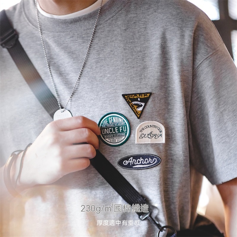 馬登工裝 美式休閒刺繡徽章短袖T恤設計感純棉圓領五分袖Tee男春夏