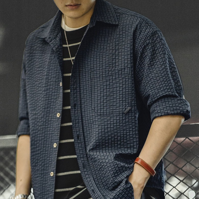 馬登工裝 美式復古泡泡紗格子長袖襯衫肌理感翻領拼接襯衣外套男秋