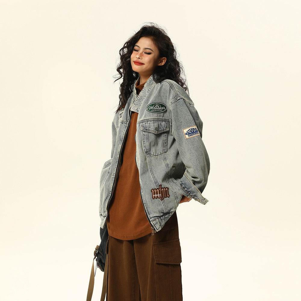 美式復古牛仔外套男女秋季寬鬆休閒vintage立領機車服情侶外套