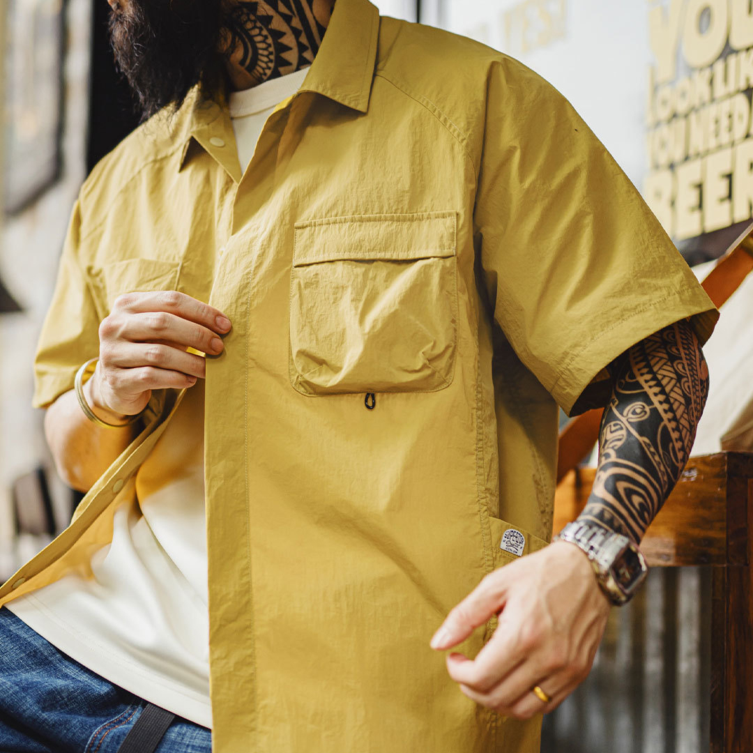 馬登工裝 山系戶外短袖襯衫速幹黃色肌理感薄款日系口袋襯衣男款夏