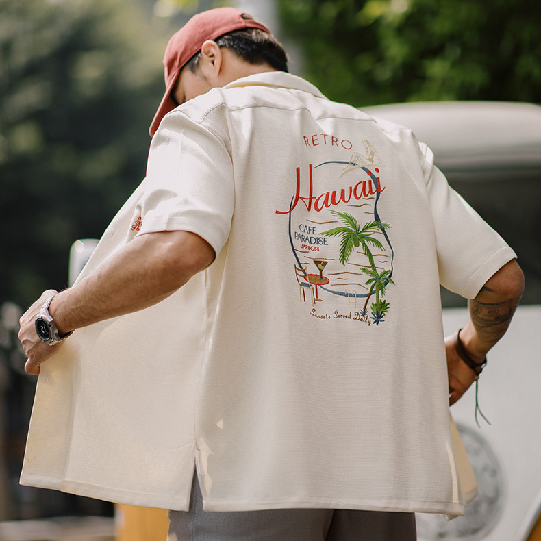 馬登工裝 美式復古夏威夷刺繡短袖襯衫竹節紋垂感古巴領襯衣男夏季