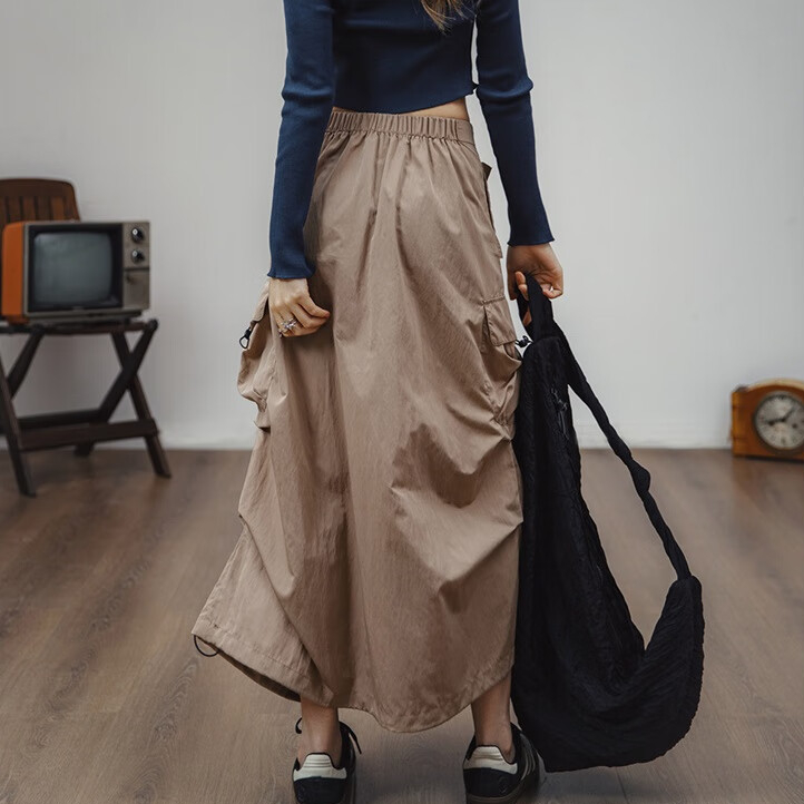 馬登女裝 復古工裝A字裙多口袋綁帶抽褶裙子顯瘦中腰半身長裙