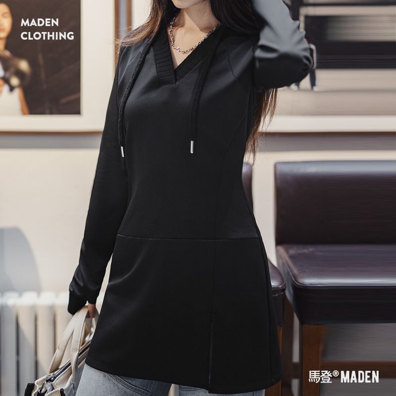 馬登女裝 空氣層幂式包臀衛衣裙V領收腰修身一步裙連帽連衣裙春季
