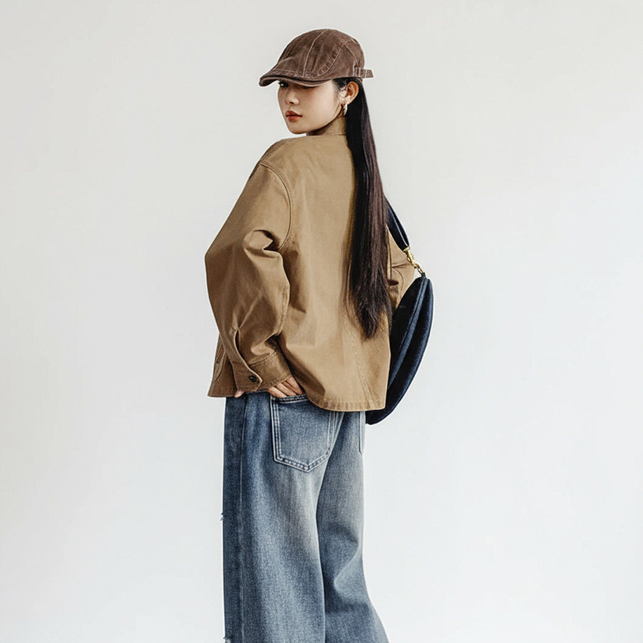 馬登女裝 卡其色巴恩風復古工裝夾克翻領全純棉做舊外套上衣女士春