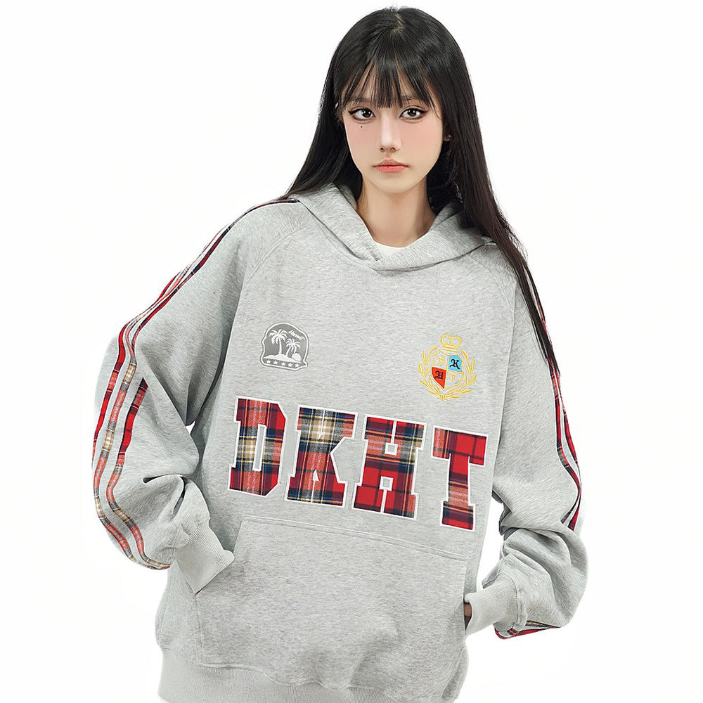 美式復古刺繡連帽衛衣字母條紋格子貼布繡情侶寬鬆秋冬帽衫