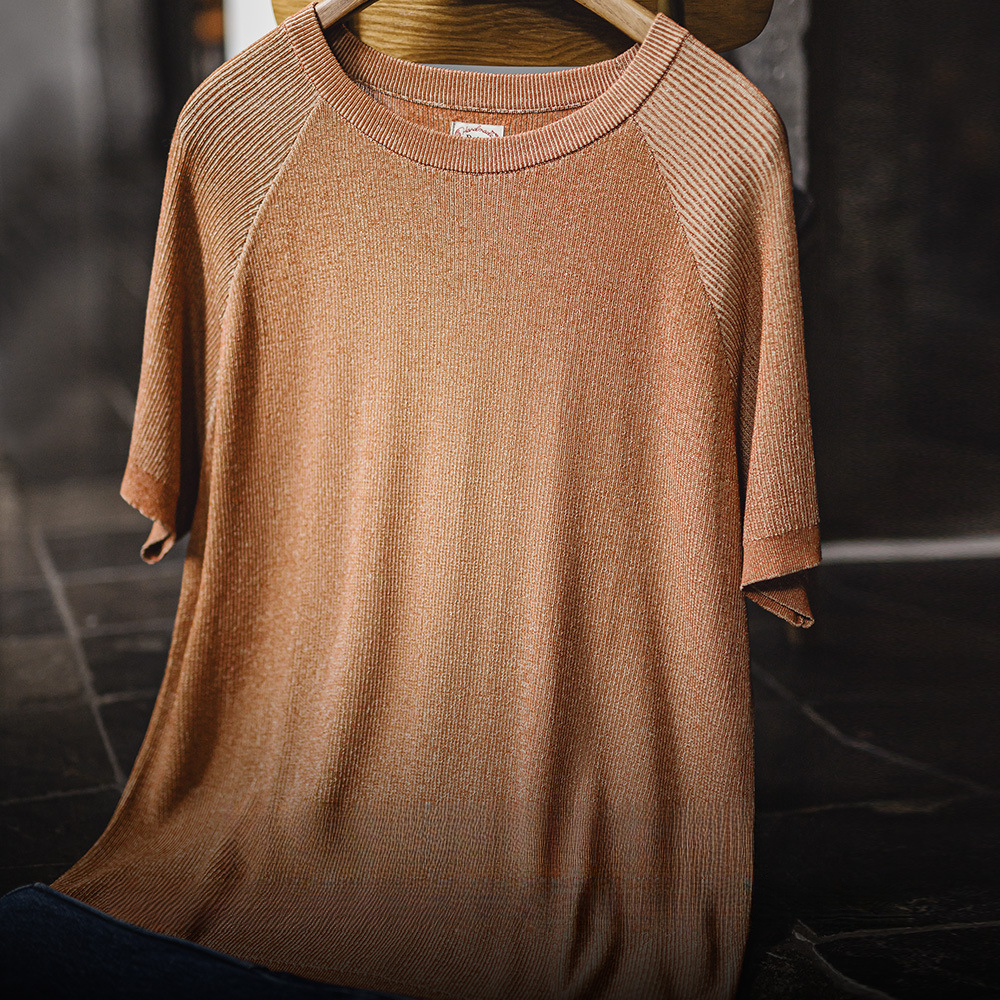 馬登工裝 美式復古橙色針織衫短袖休閒寬鬆圓領薄款透氣T恤春夏