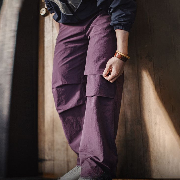 馬登工裝 美式復古3d褶皺傘兵褲尼龍肌理感休閒褲vibe直筒長褲男春