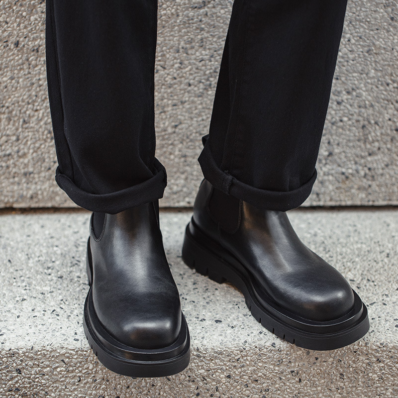 馬登工裝 切爾西靴德比鞋男秋冬一脚蹬厚底增高休閒黑色真皮短靴馬丁靴