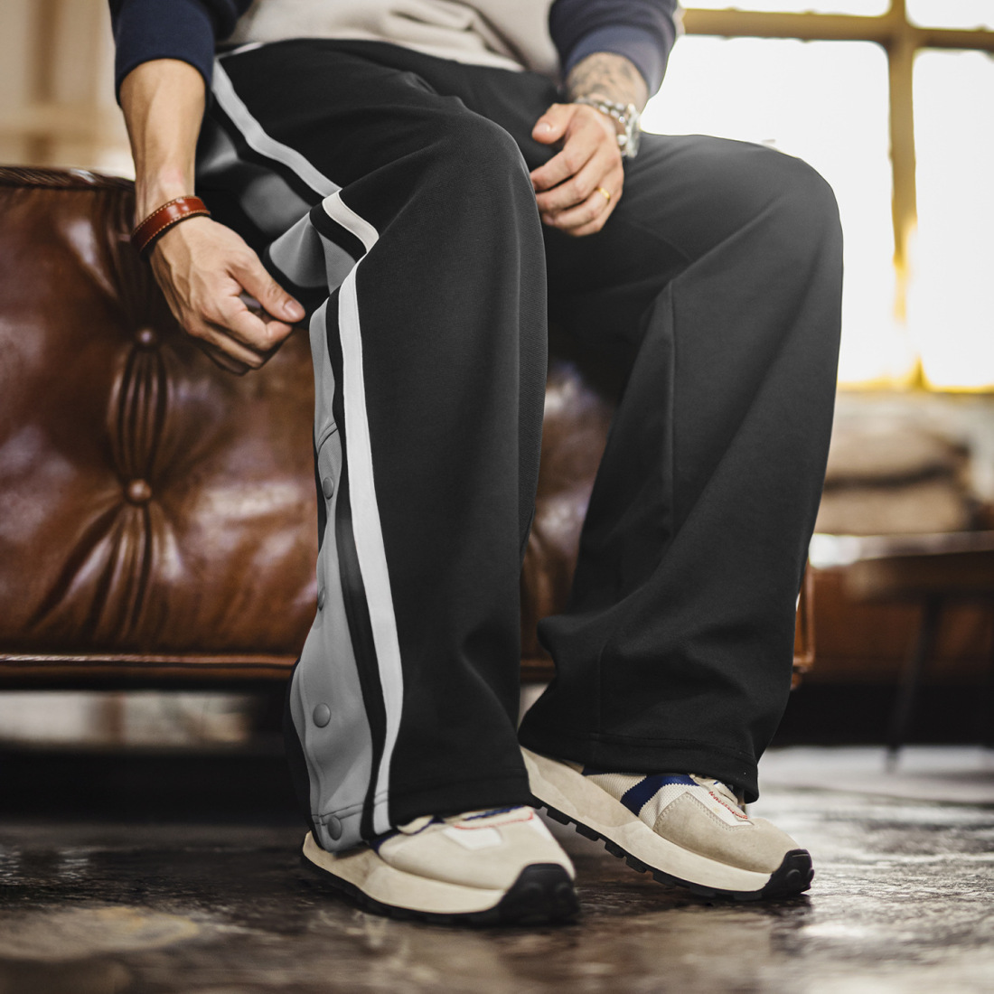 馬登工裝 美式籃球排扣褲直筒運動衛褲休閒黑色條紋長褲子男秋冬