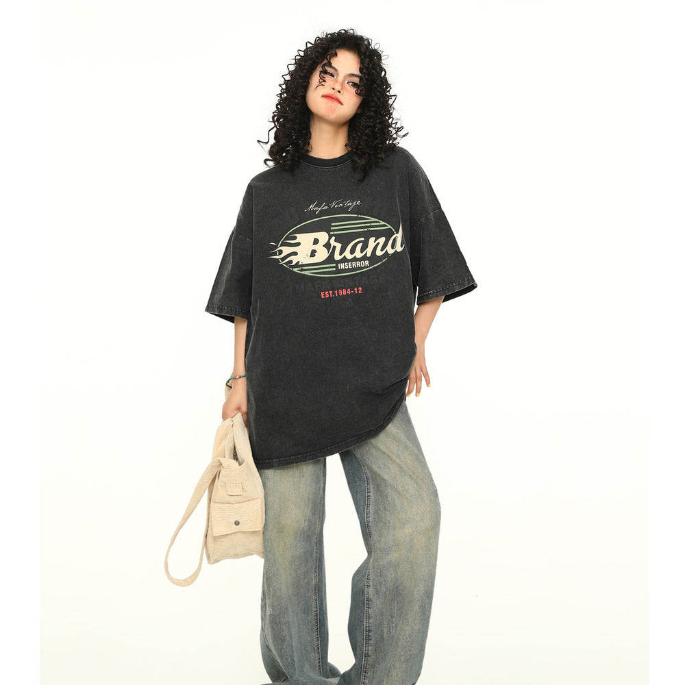 美式復古水洗做舊短袖T恤女高克重Vintage寬鬆潮Tee