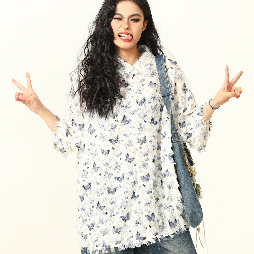 夏季新款蝴蝶流蘇設計感短袖襯衫女個性小眾寬鬆襯衣