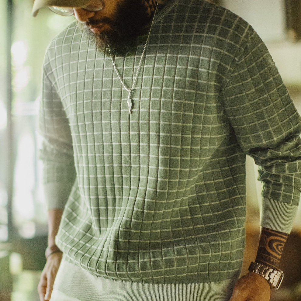 馬登工裝 美式復古格子圓領衛衣格紋綠色長袖套頭衫外套男春秋