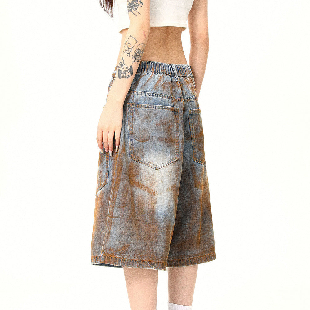 美式復古高街髒染廢土風口袋設計感牛仔短褲寬鬆七分褲