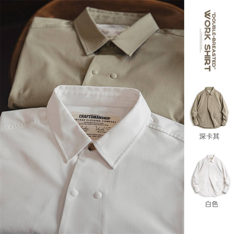 馬登工裝 美式休閒人字紋雙排扣長袖襯衫百搭通勤翻領白襯衣男秋季