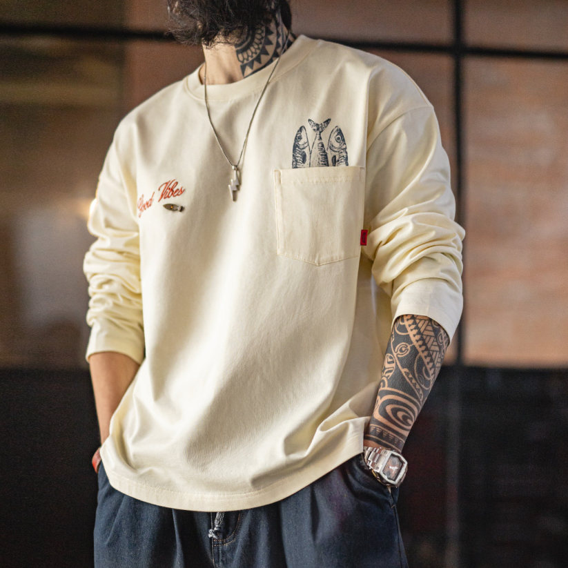 馬登工裝 美式印花口袋長袖T恤純全棉舒適圓領打底內搭體恤男款春