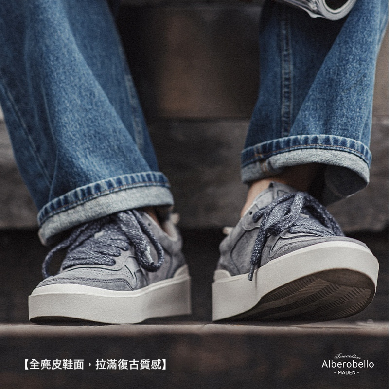 馬登工裝 復古低幫平底板鞋男厚底增高透氣休閒鞋子