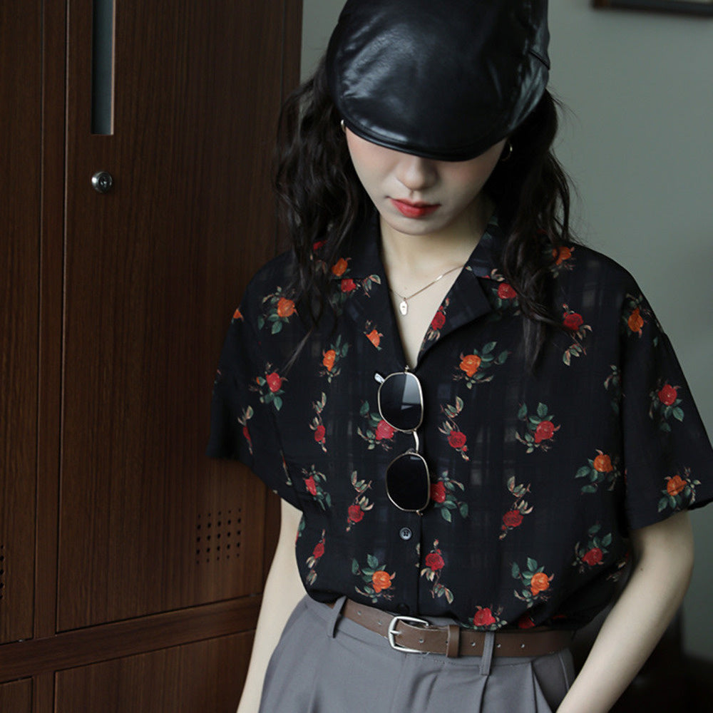 玫瑰花氣質翻領簡約復古港風設計感短袖襯衫女夏季顯瘦上衣