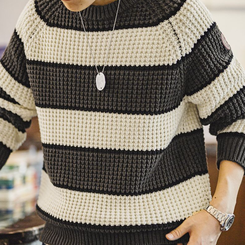 馬登工裝 美式復古撞色鳳梨條紋毛衣肌理感套頭圓領打底針織衫秋冬