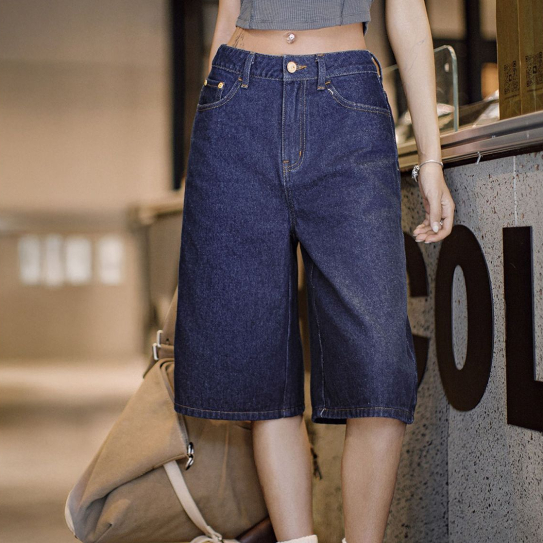 馬登女裝 復古深藍丹寧牛仔七分褲闊腿顯瘦修腿型牛仔褲