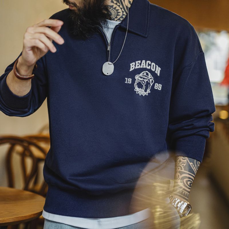 馬登工裝 美式復古立體刺繡半開襟衛衣休閒翻領套頭Polo衫上衣男春秋