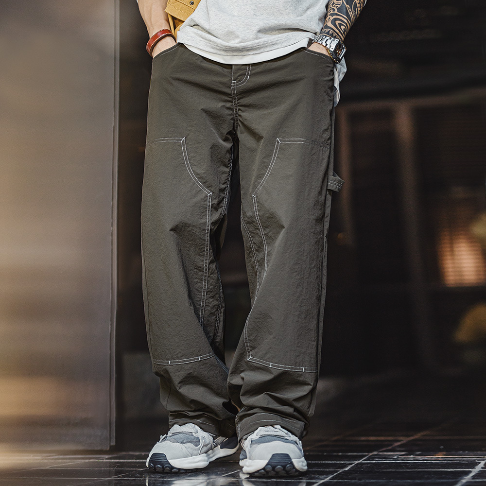 馬登工裝 輕美式休閒雙膝伐木褲肌理感垂感軍綠色長褲子男