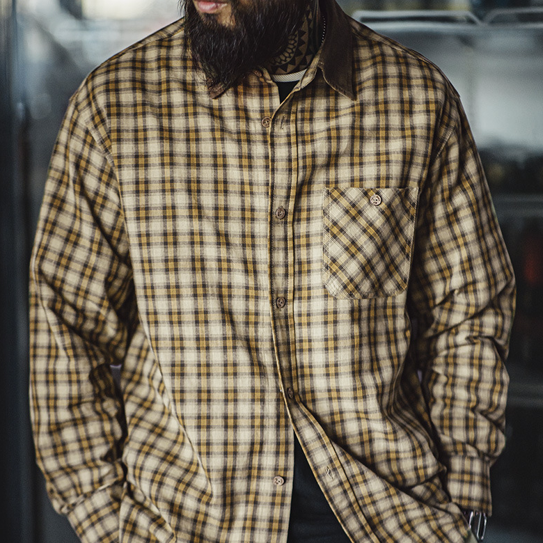 馬登工裝 美式復古蘇格蘭格紋長袖襯衫燈芯絨拼接翻領格子襯衣男秋