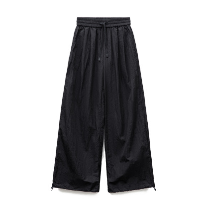 馬登女裝 夏季黑色鬆弛感休閒褲寬鬆工裝褲闊腿顯瘦抽繩束脚長褲