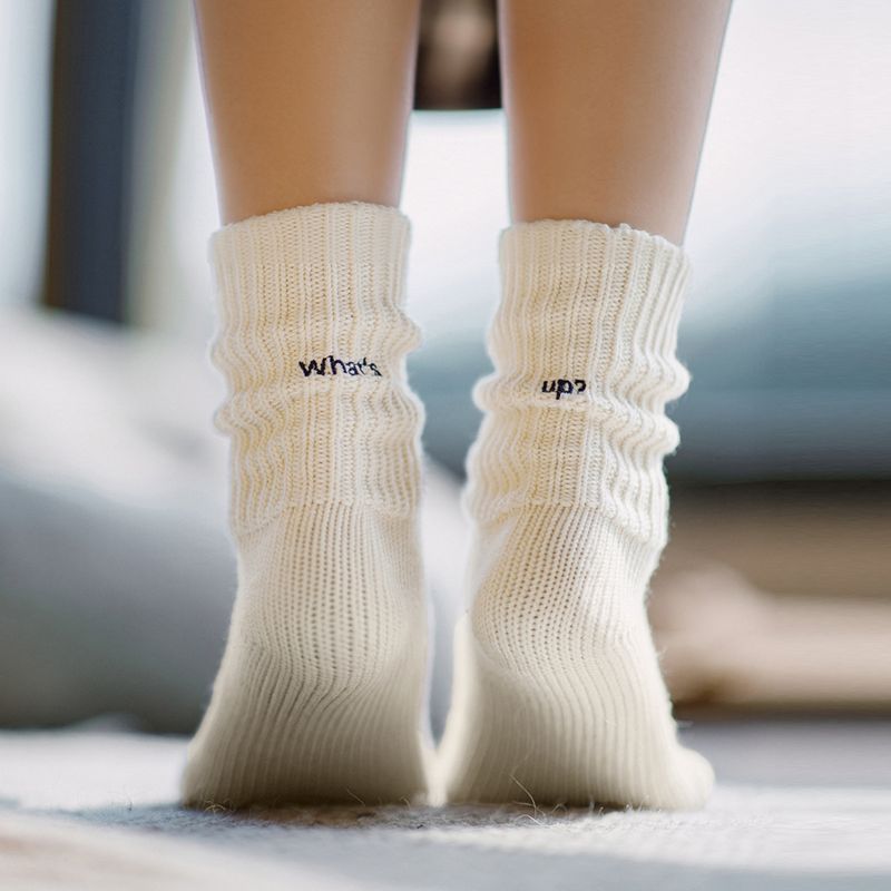 馬登女裝 粗線刺繡針織襪復古堆堆襪子中筒毛線襪秋冬長襪