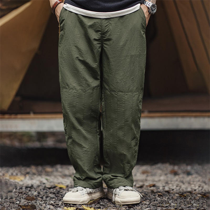 馬登工裝 美式復古絎線褶皺雙膝褲抽繩束脚軍綠直筒休閒褲男秋