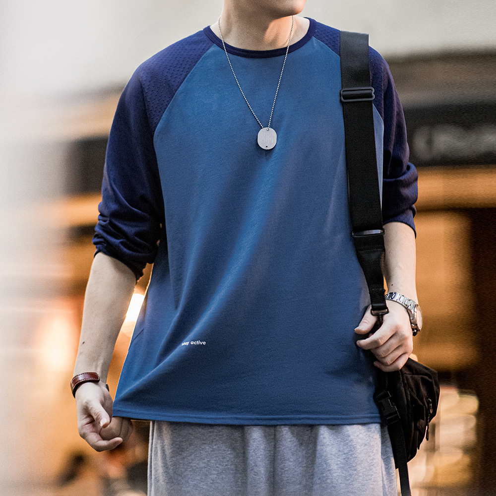 馬登工裝 美式休閒撞色網眼長袖T恤印花字母圓領套頭打底衫男春