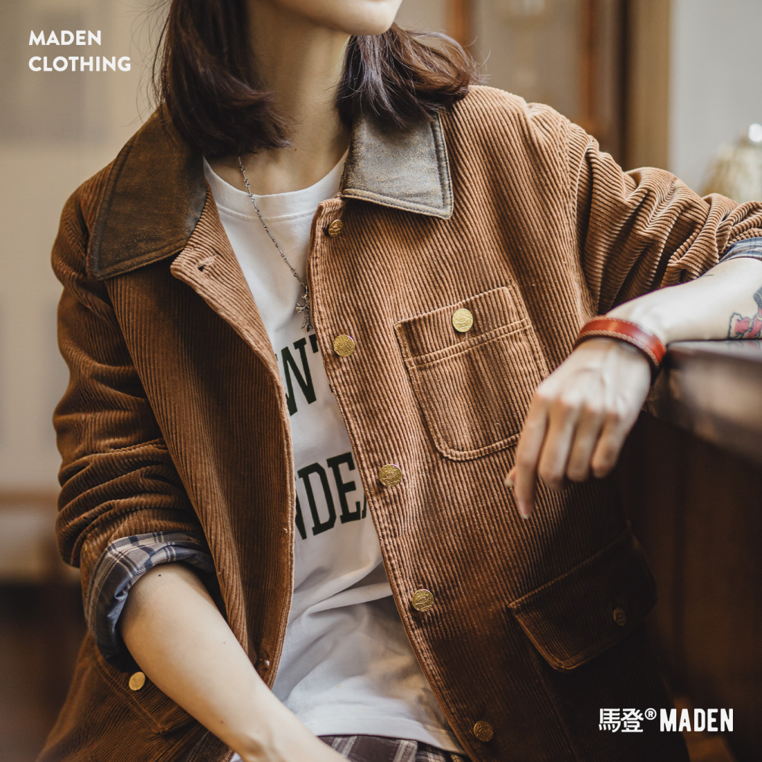 馬登女裝 復古美拉德撞色燈芯條絨麂皮翻領工裝獵裝夾克外套上衣女秋冬