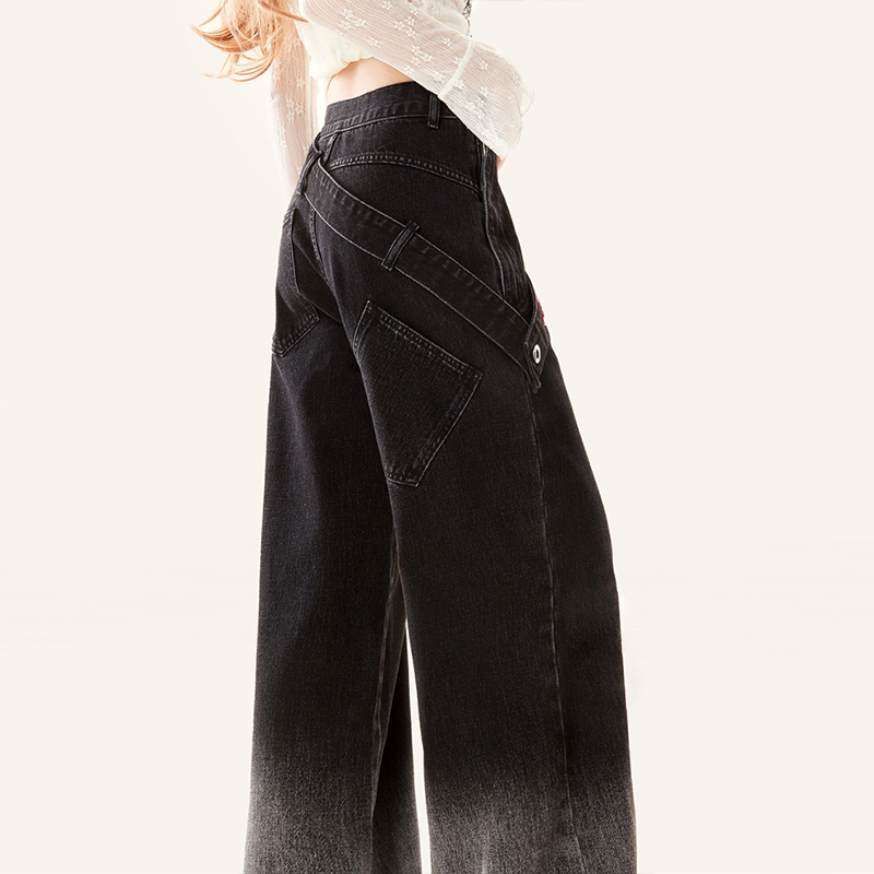 側邊拉鍊漸變黑色牛仔褲秋季高腰美式寬褲梨型身材寬鬆長褲